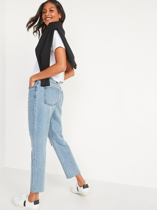 Image number 2 showing, High-Waisted Button-Fly Slouchy Straight Distressed Cropped Non-Stretch Jeans for Women