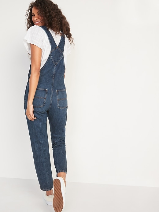 Image number 2 showing, Slouchy Straight Workwear Dark-Wash Jean Overalls for Women