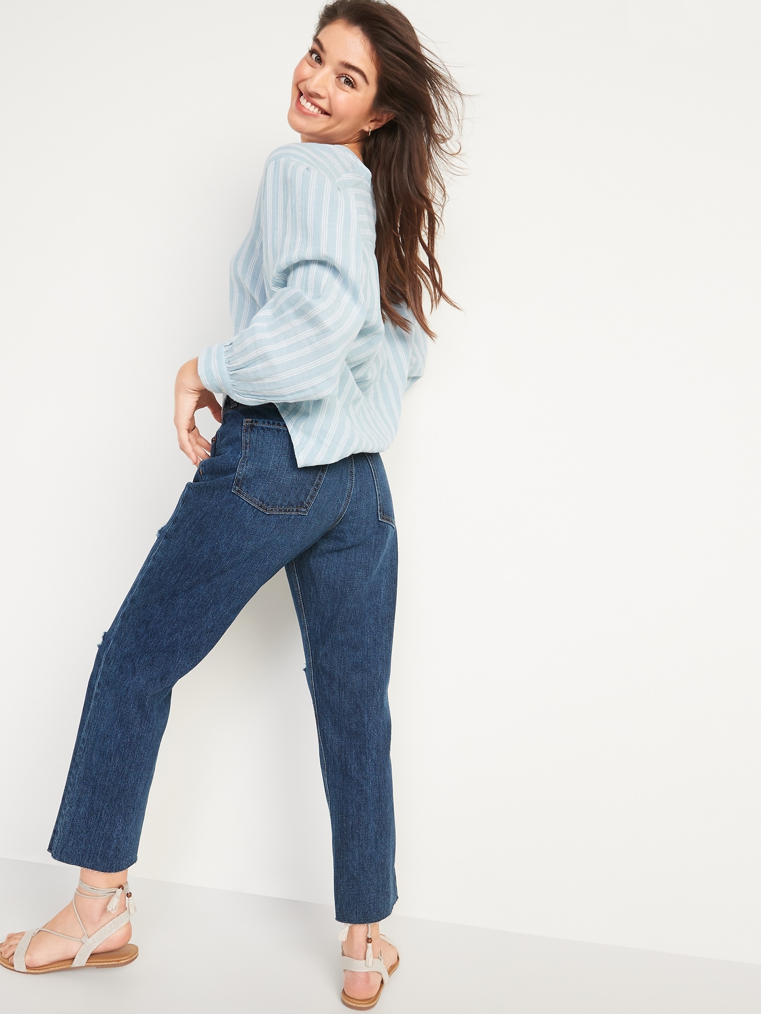 Button-Fly Slouchy Straight Cropped Non-Stretch Jeans Women |