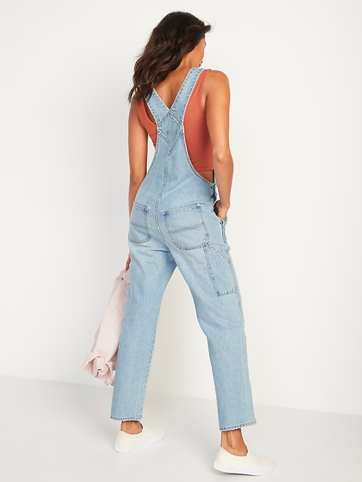 Image number 2 showing, Light-Wash Slouchy Straight Workwear Ripped Jean Overalls for Women