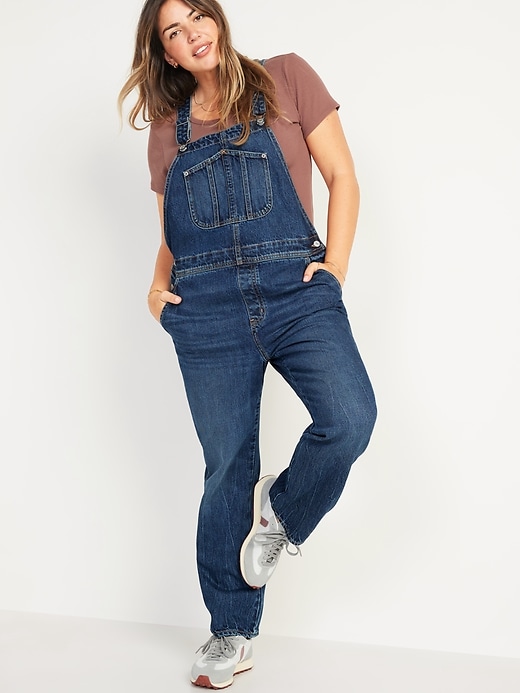 Image number 5 showing, Slouchy Straight Workwear Dark-Wash Jean Overalls for Women
