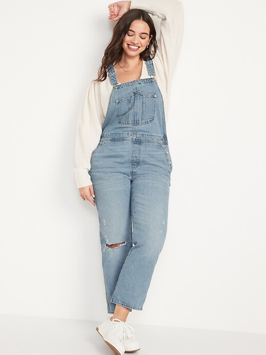 Image number 5 showing, Light-Wash Slouchy Straight Workwear Ripped Jean Overalls