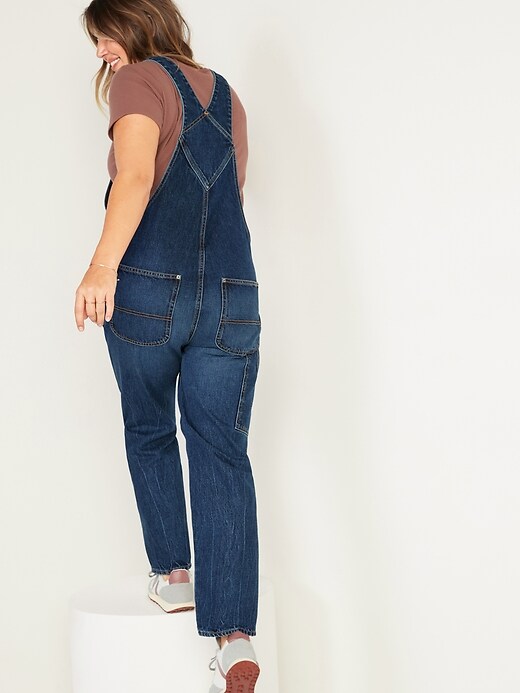 Image number 6 showing, Slouchy Straight Workwear Dark-Wash Jean Overalls for Women