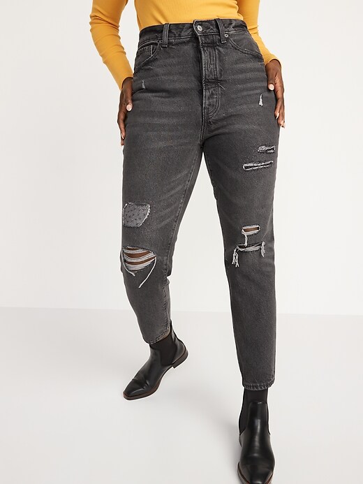 Image number 5 showing, Higher High-Waisted Button-Fly O.G. Straight Ripped Gray Non-Stretch Jeans for Women