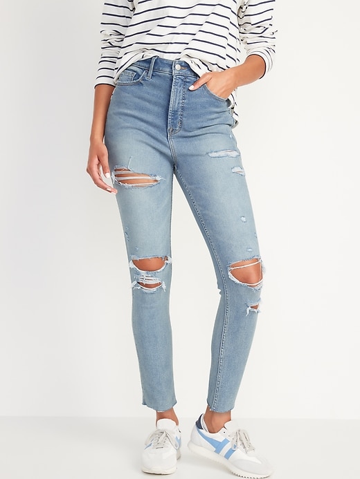 Image number 1 showing, Higher High-Waisted Rockstar 360° Stretch Super-Skinny Ripped Jeans for Women