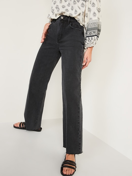 Image number 1 showing, Extra High-Waisted Black-Wash Cut-Off Wide-Leg Jeans
