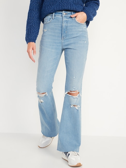 Image number 1 showing, Higher High-Rise Light-Wash Ripped Cut-Off Flare Jeans for Women