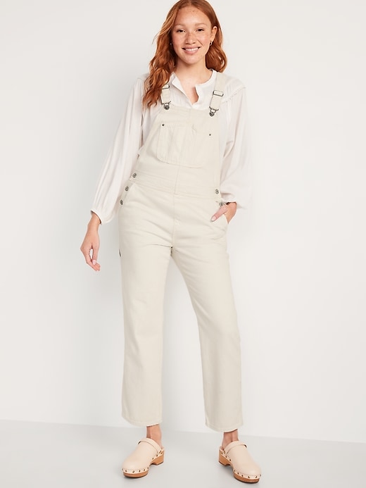 Image number 1 showing, Slouchy Straight Ecru-Wash Workwear Jean Overalls for Women