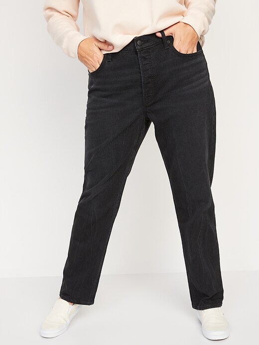 Image number 5 showing, High-Waisted Button-Fly Slouchy Straight Black-Wash Jeans for Women