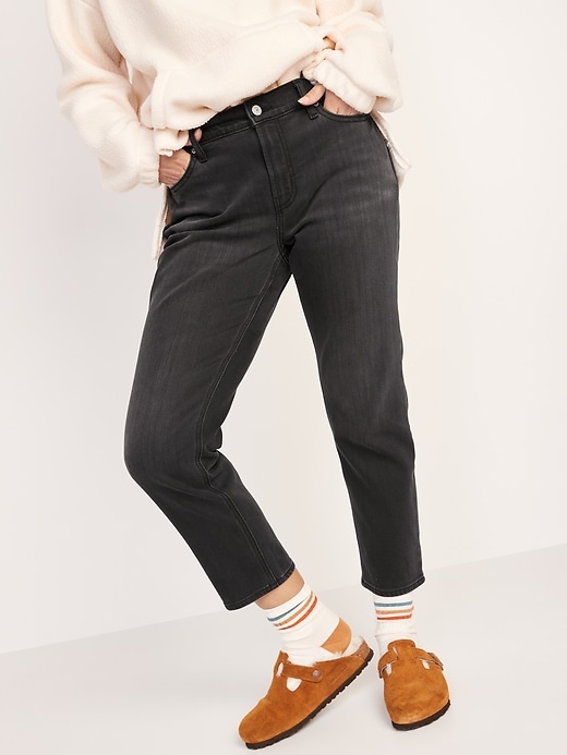 Image number 5 showing, Mid-Rise Built-In Warm Black-Wash Boyfriend Jeans