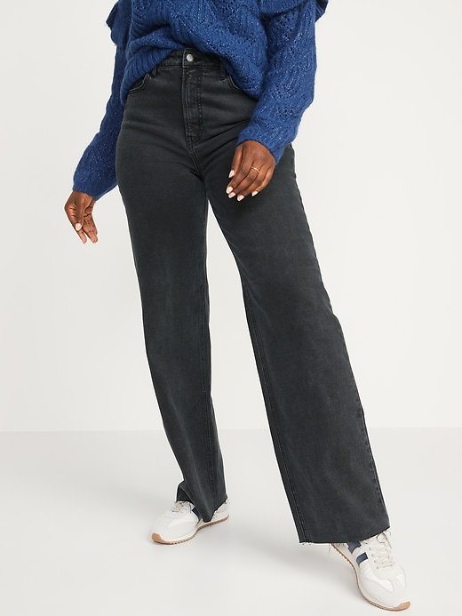 Image number 5 showing, Extra High-Waisted Black-Wash Cut-Off Wide-Leg Jeans