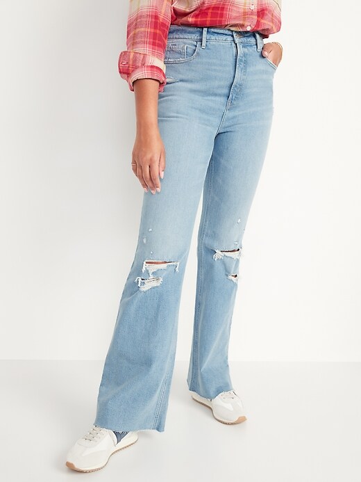 Image number 5 showing, Higher High-Rise Light-Wash Ripped Cut-Off Flare Jeans for Women