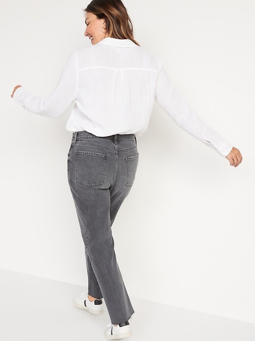 Image number 6 showing, High-Waisted Button-Fly Slouchy Straight Cut-Off Jeans for Women