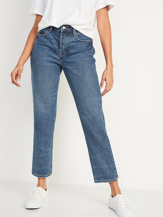 Image number 1 showing, High-Waisted Button-Fly Slouchy Straight Cropped Non-Stretch Jeans