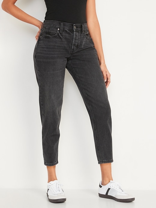 Image number 1 showing, Mid-Rise Button-Fly Slouchy Taper Cropped Non-Stretch Jeans for Women