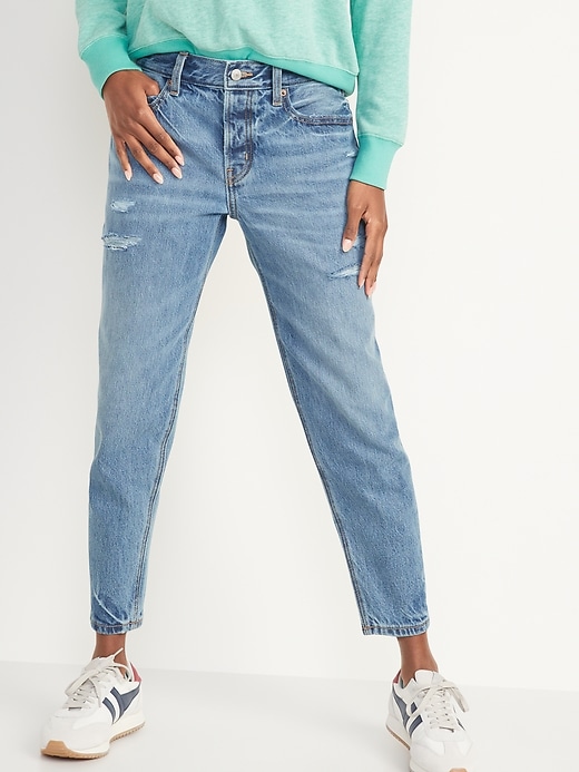 Image number 1 showing, Mid-Rise Button-Fly Slouchy Taper Ripped Non-Stretch Ankle Jeans for Women