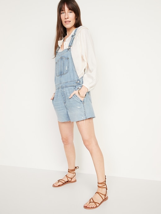 Image number 1 showing, Slouchy Straight Workwear Cut-Off Non-Stretch Jean Short Overalls -- 3.5-inch inseam