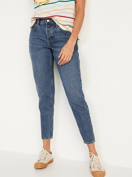 Image number 1 showing, Mid-Rise Button-Fly Slouchy Taper Non-Stretch Ankle Jeans for Women