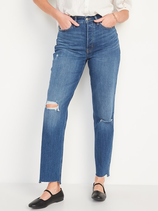 Image number 1 showing, Curvy Extra High-Waisted Button-Fly Sky-Hi Straight Ripped Jeans