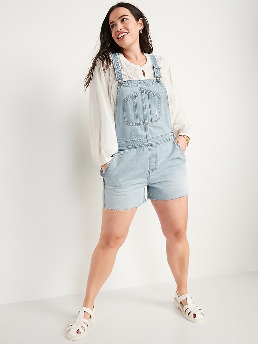 Image number 5 showing, Slouchy Straight Workwear Cut-Off Non-Stretch Jean Short Overalls for Women -- 3.5-inch inseam