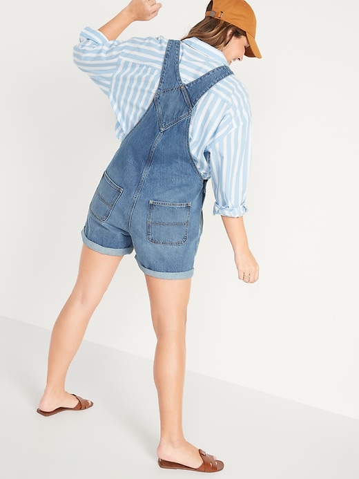 Image number 6 showing, Slouchy Straight Workwear Medium-Wash Non-Stretch Jean Short Overalls for Women -- 3.5-inch inseam