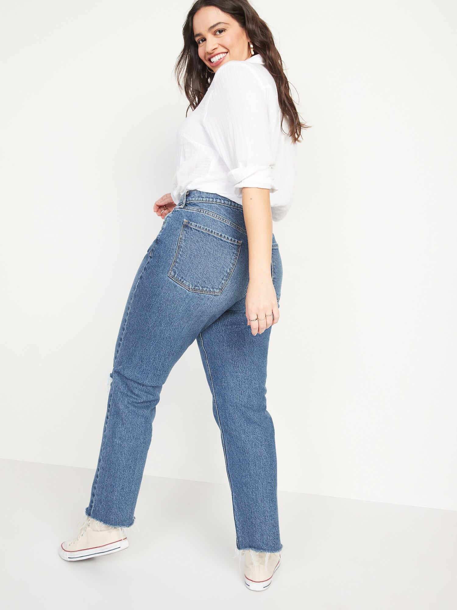 High-Waisted Button-Fly Slouchy Straight Medium-Wash Ripped Jeans for ...