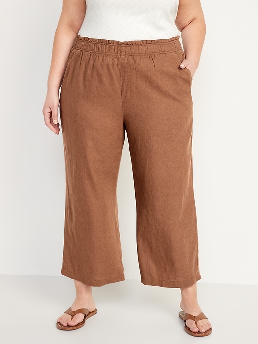 Image number 7 showing, High-Waisted Lettuce-Edge Linen-Blend Culotte Pants for Women