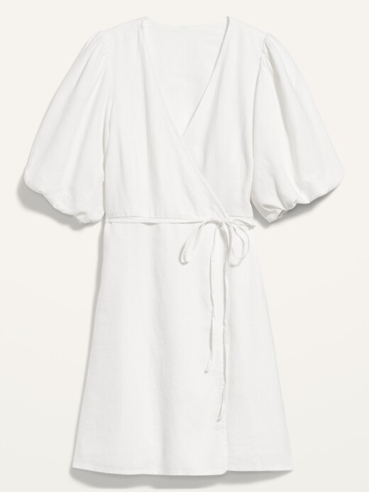 Image number 4 showing, Waist-Defined Puff-Sleeve Linen-Blend Mini Wrap Dress