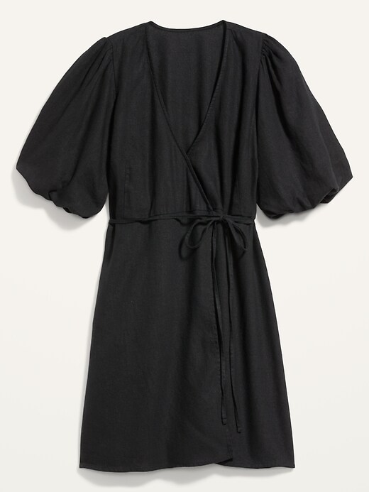Waist-Defined Puff-Sleeve Linen-Blend Mini Wrap Dress | Old Navy