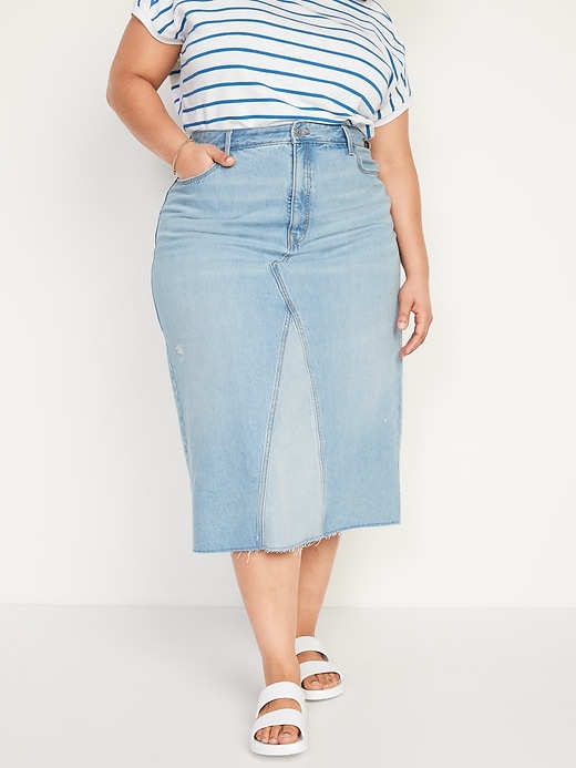 Image number 7 showing, Higher High-Waisted Light-Wash Cut-Off Jean Maxi Skirt