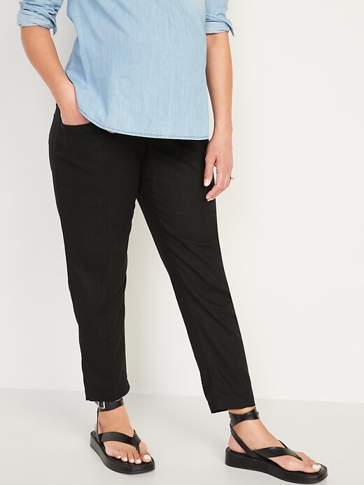Image number 1 showing, Maternity Rollover-Waist Linen-Blend Cropped Pants