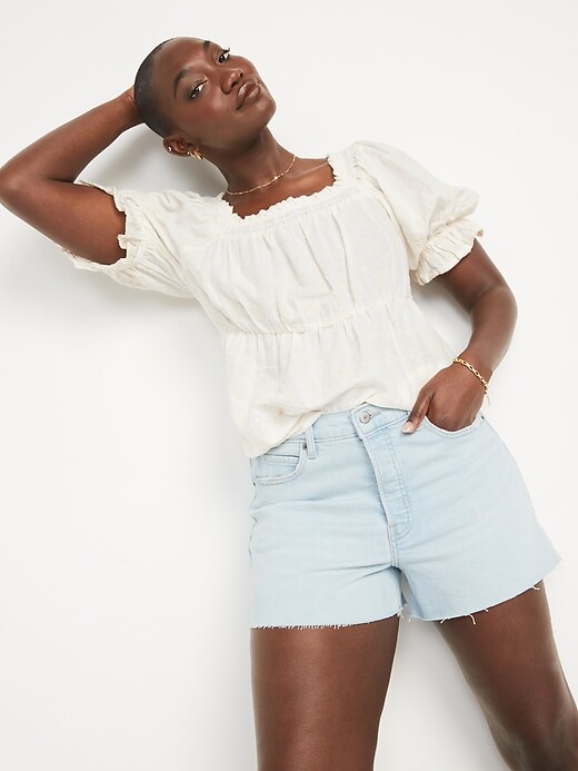 Image number 3 showing, Higher High-Waisted Button-Fly Sky-Hi A-Line Cut-Off Jean Shorts for Women -- 3-inch inseam