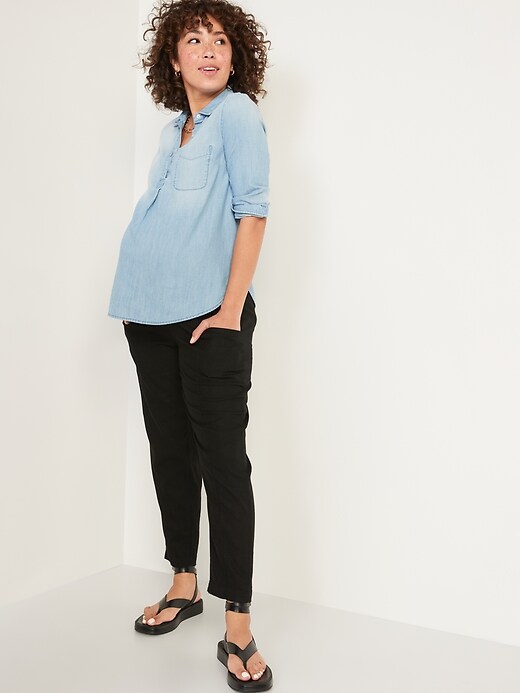 Image number 3 showing, Maternity Rollover-Waist Linen-Blend Cropped Pants