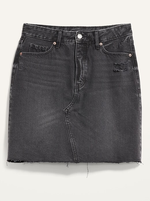 Image number 4 showing, Higher High-Waisted Button-Fly Black Frayed-Hem Jean Skirt for Women
