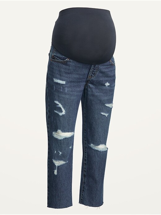 Image number 4 showing, Maternity Full Panel Slouchy Straight Ripped Cropped Jeans