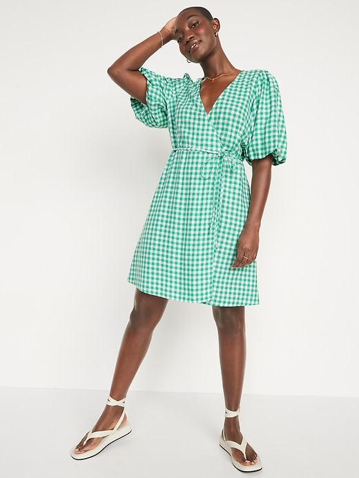 Old Navy Waist-Defined Puff-Sleeve Gingham Mini Wrap Dress. 1