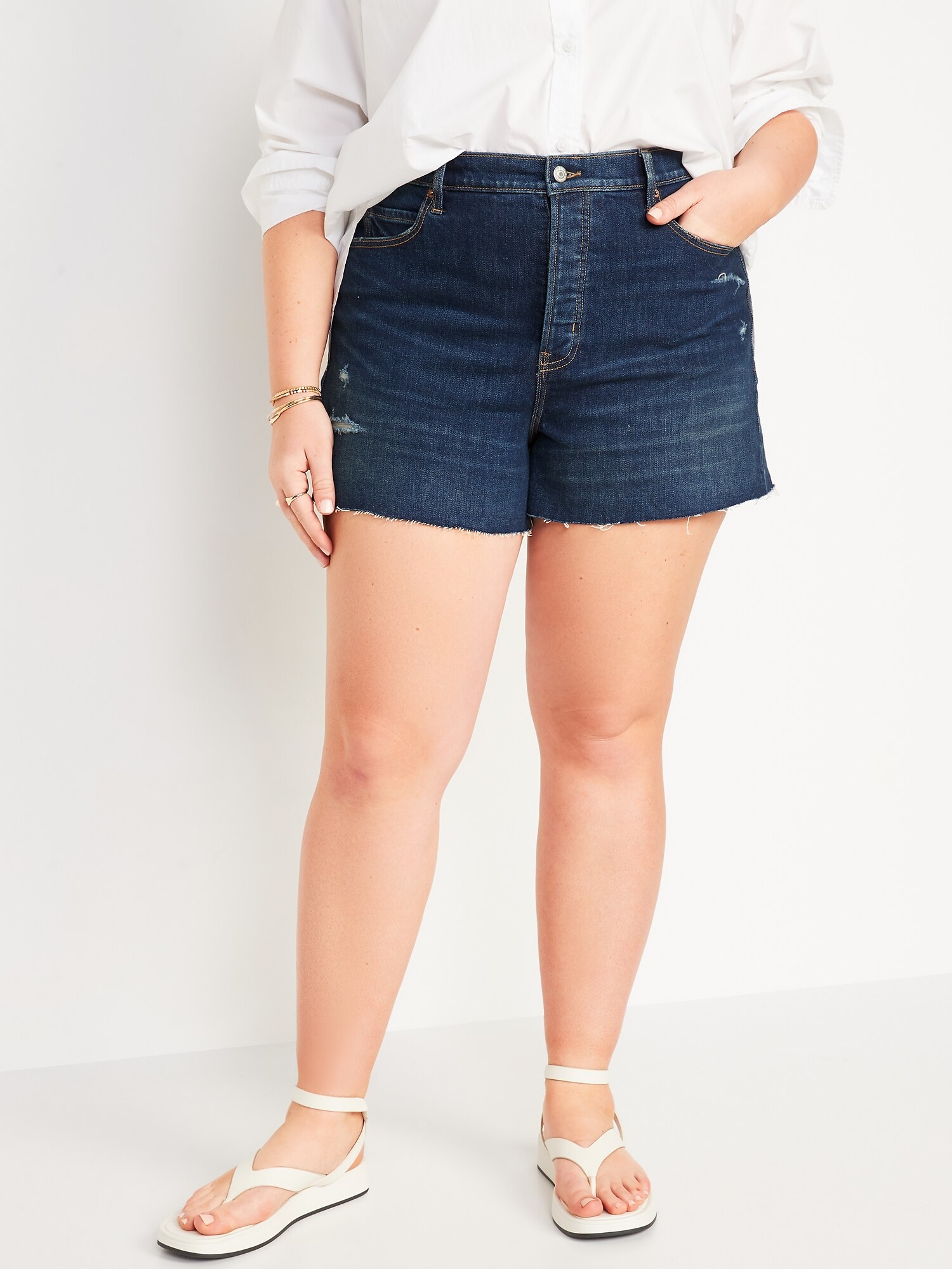 Higher High-Waisted Button-Fly Sky-Hi A-Line Distressed Cut-Off Jean ...