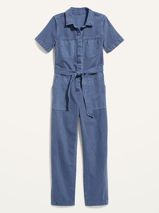 Short-Sleeve Cropped Tie-Belt Utility Non-Stretch Jean Jumpsuit for ...