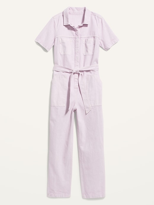 Image number 4 showing, Short-Sleeve Cropped Tie-Belt Utility Non-Stretch Jean Jumpsuit for Women