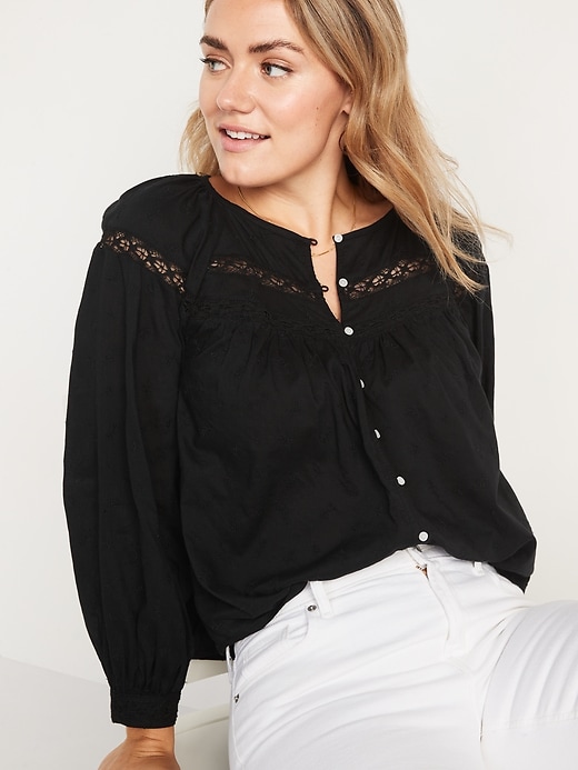 Image number 3 showing, Long-Sleeve Embroidered Lace-Trimmed Blouse for Women