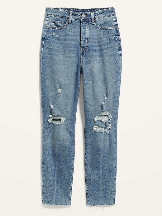 Image number 4 showing, Higher High-Rise Button-Fly O.G. Straight Distressed Cut-Off Jeans for Women
