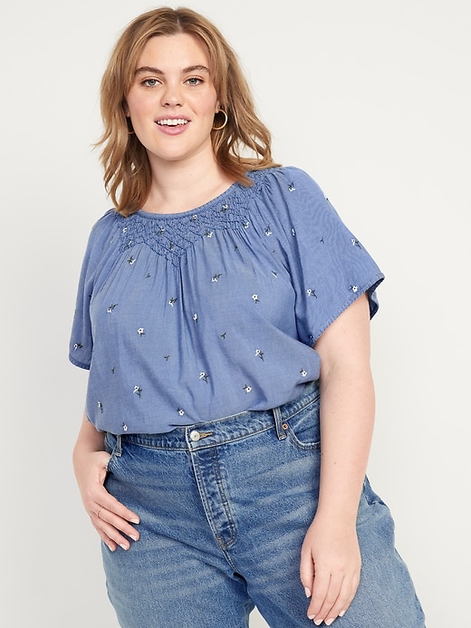 Flutter-Sleeve Smocked Floral-Embroidered Chambray Swing Blouse | Old Navy