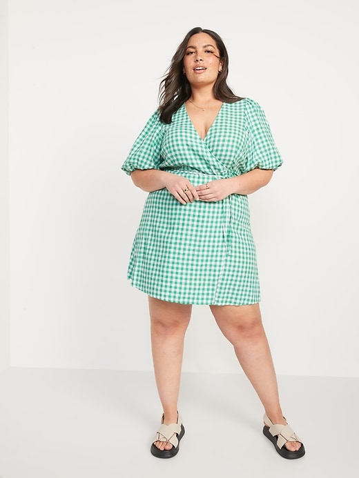 Image number 7 showing, Waist-Defined Puff-Sleeve Gingham Mini Wrap Dress
