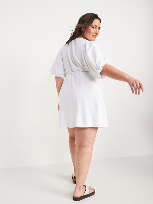 Image number 8 showing, Waist-Defined Puff-Sleeve Linen-Blend Mini Wrap Dress