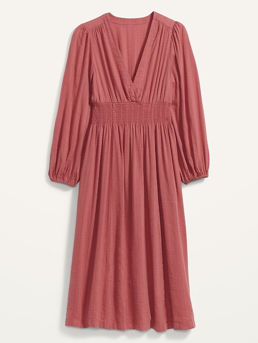 Image number 4 showing, Waist-Defined Long-Sleeve Deep V-Neck Dobby Smocked Midi Dress for Women