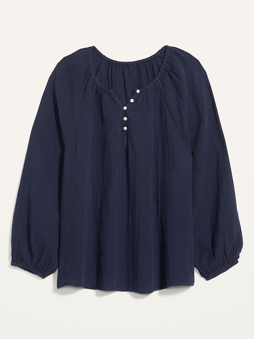 Shirred Double-Weave Long-Sleeve Old for Women Blouse Navy 