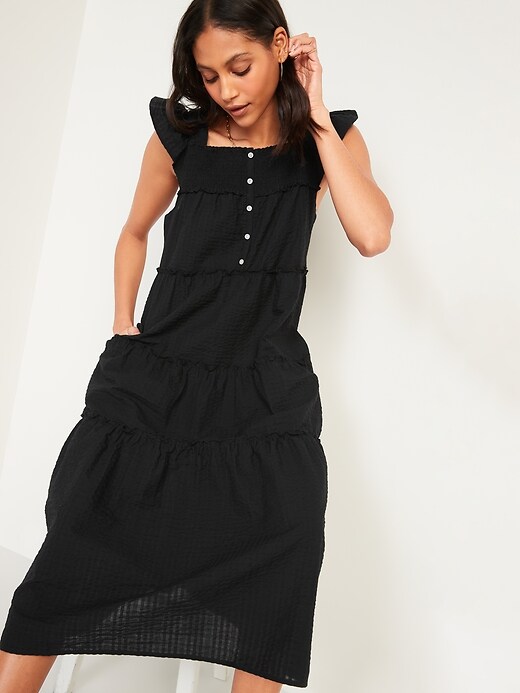 Image number 3 showing, Flutter-Sleeve Printed Tiered Smocked Midi Swing Dress