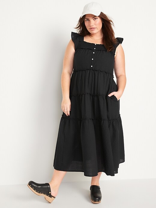 Image number 7 showing, Flutter-Sleeve Printed Tiered Smocked Midi Swing Dress