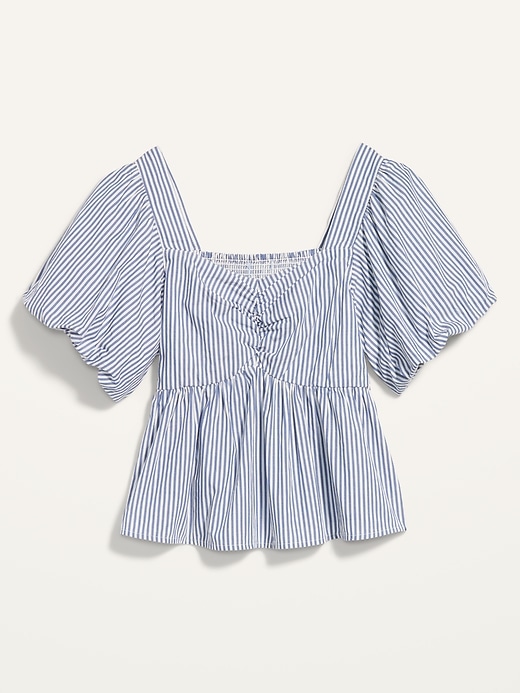 Image number 4 showing, Puff-Sleeve Striped Ruched Smocked Babydoll Swing Blouse for Women
