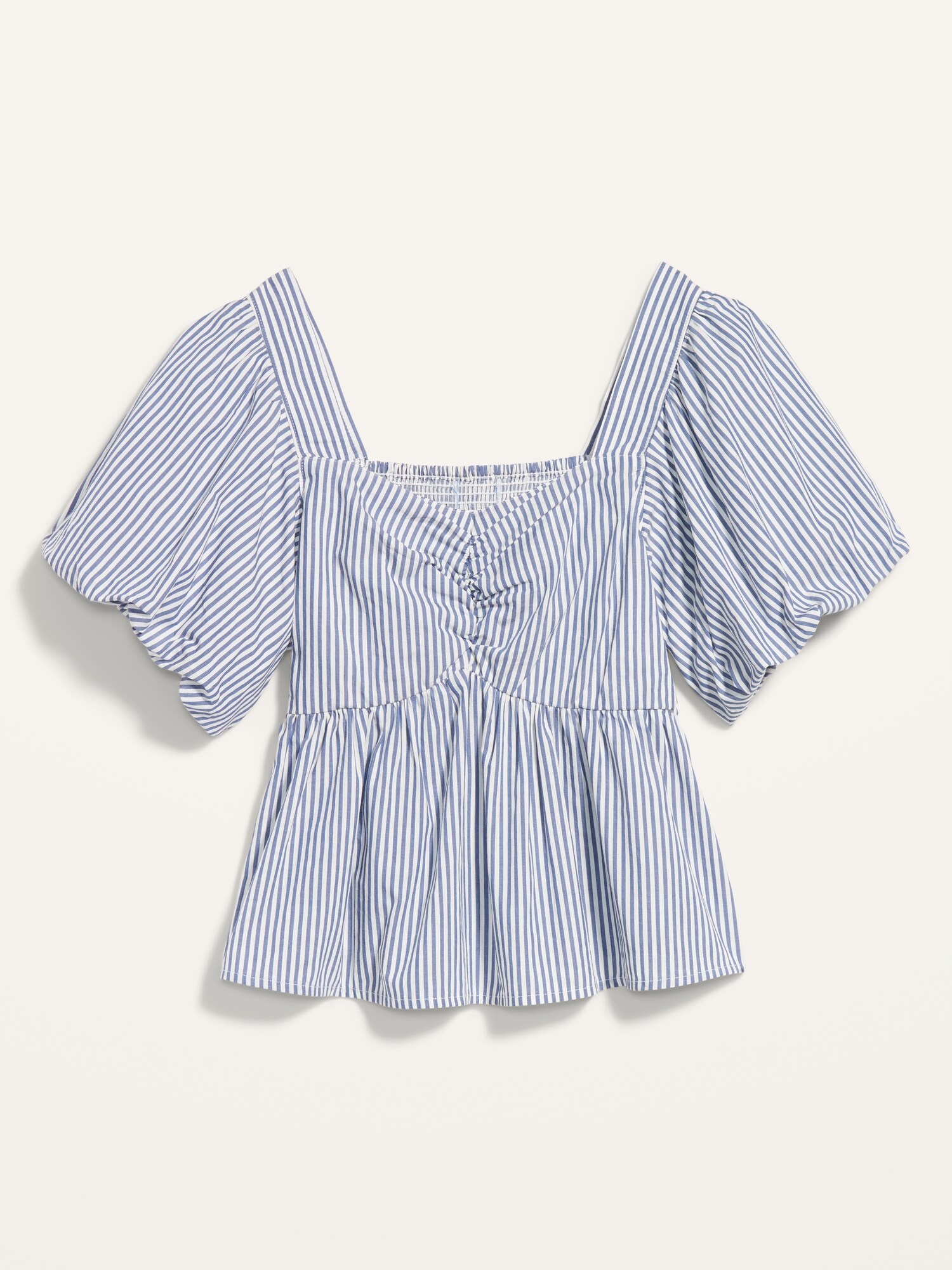 Puff-Sleeve Striped Ruched Smocked Babydoll Swing Blouse for Women ...